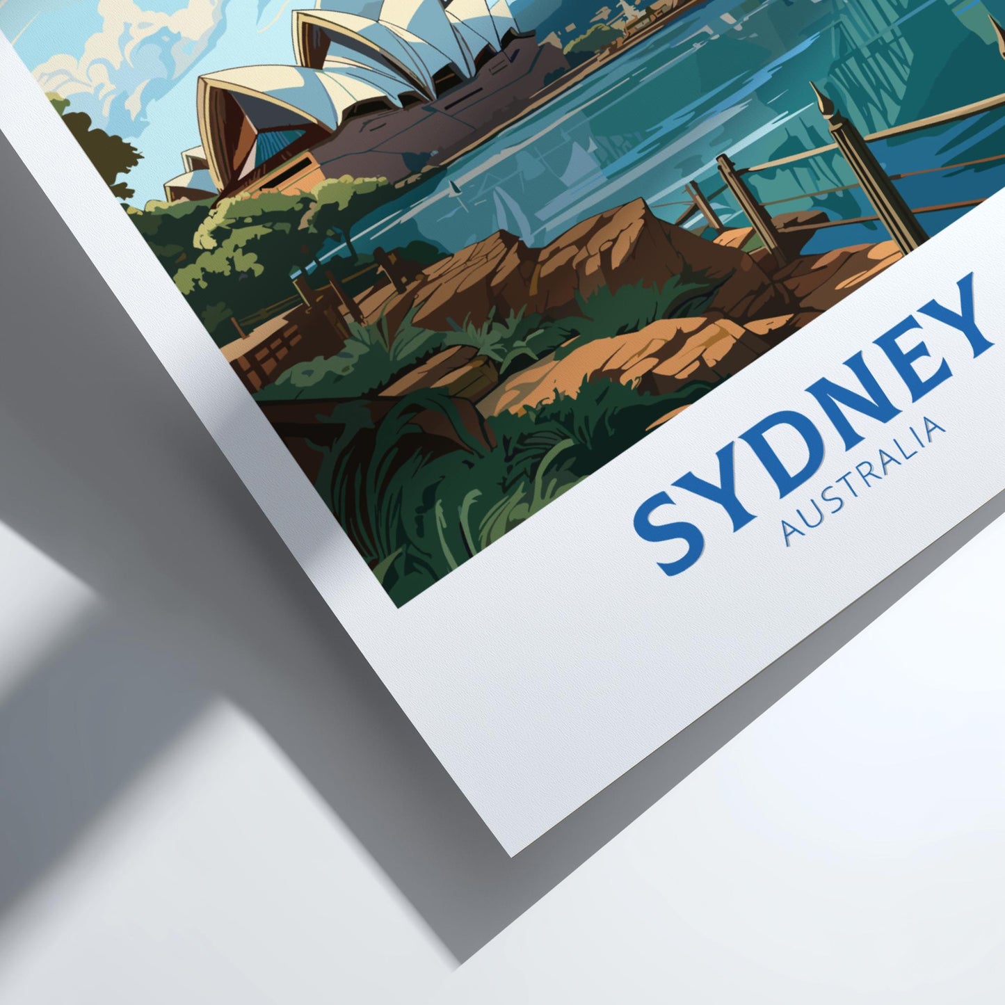 Framed artwork of Sydney, Australia with the Opera House in the background.