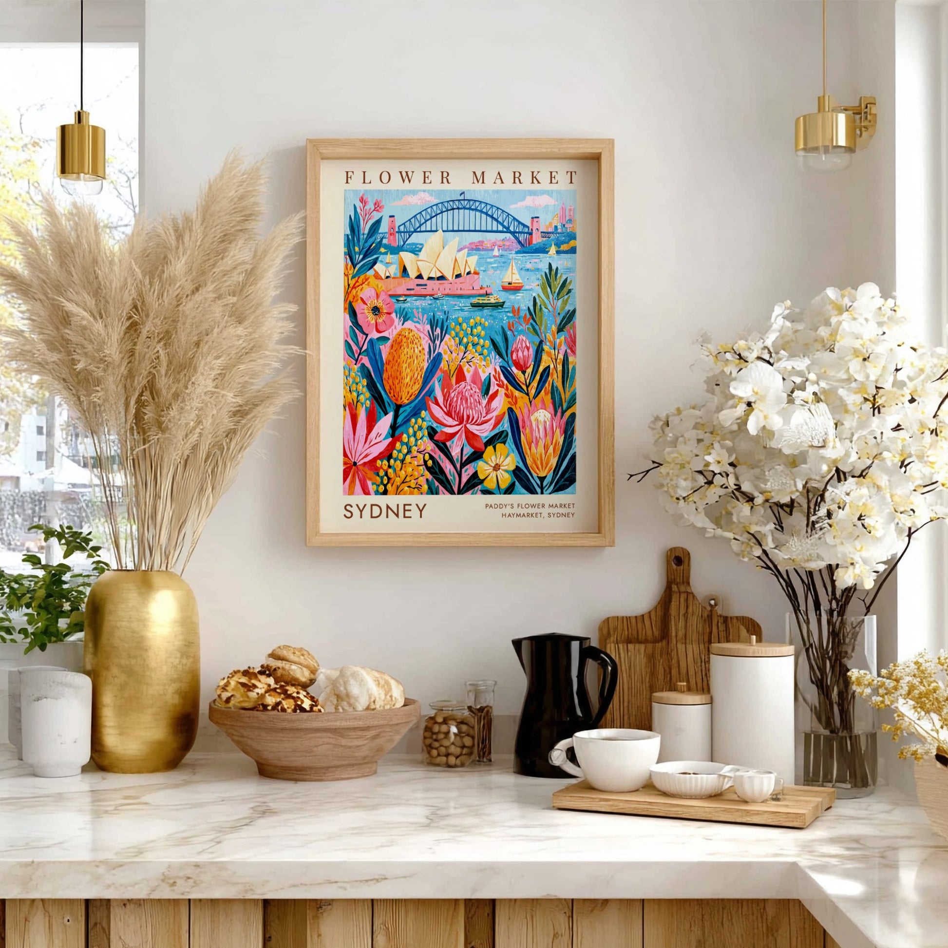 Flower market poster showcasing Sydney's blooms and landmarks in vibrant colors and whimsical style