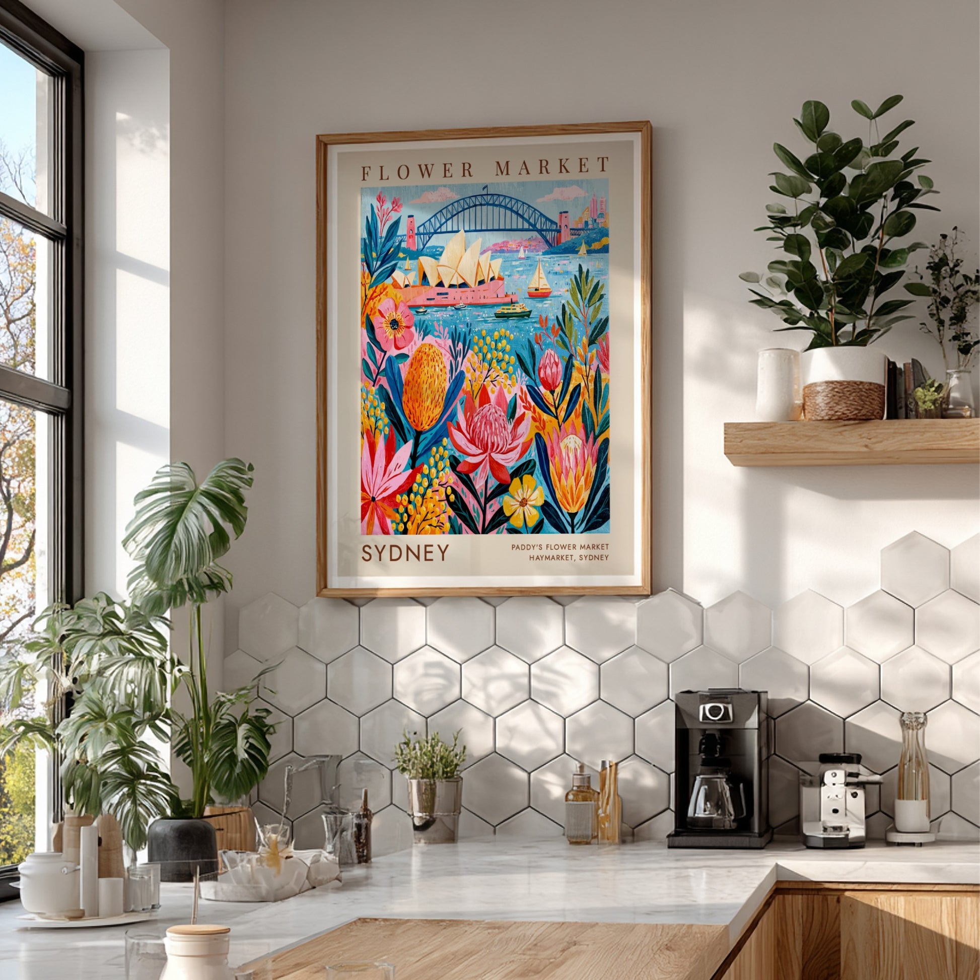 Flower market poster showcasing Sydney's blooms and landmarks in vibrant colors and whimsical style