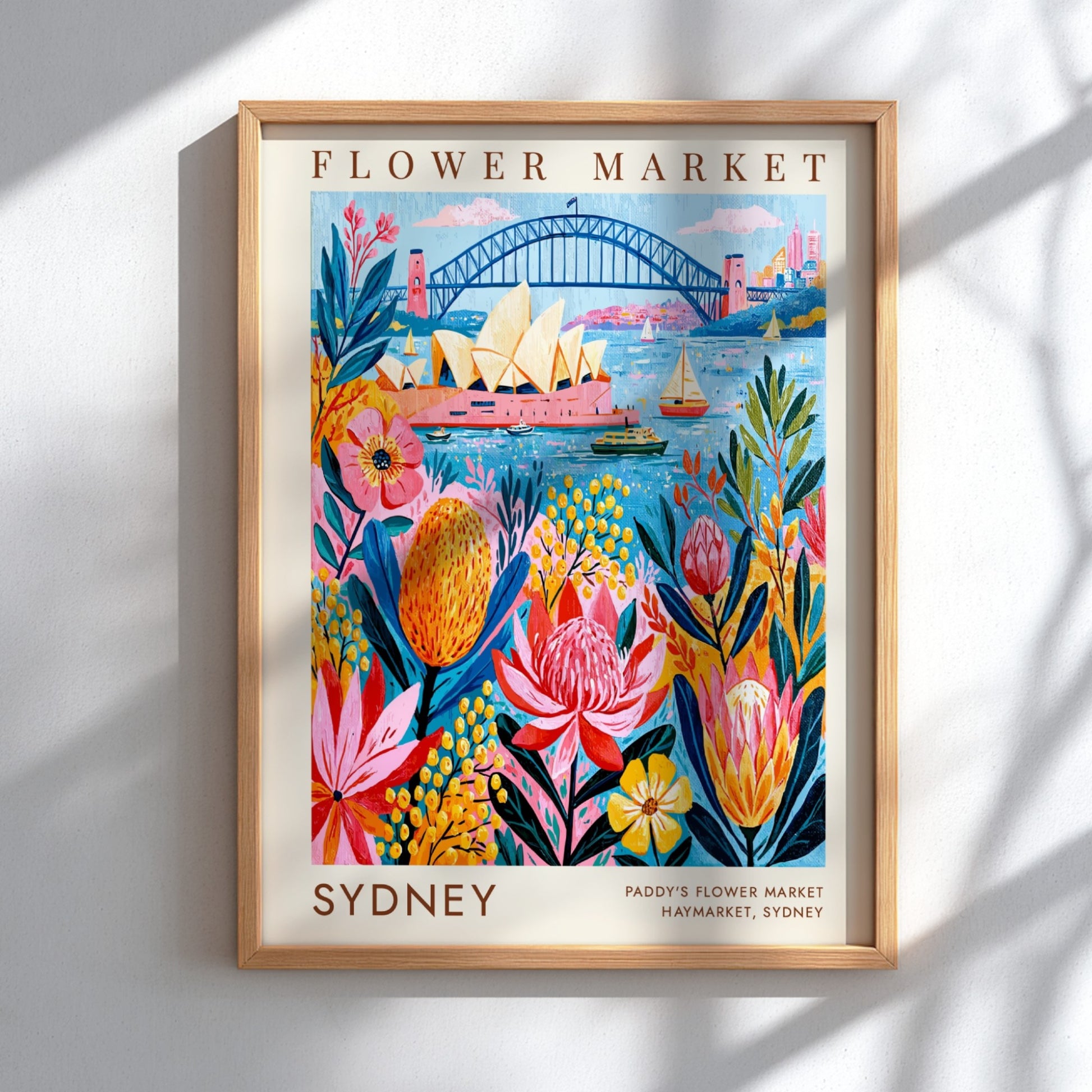 Flower market poster showcasing Sydney's blooms and landmarks in vibrant colors and whimsical style