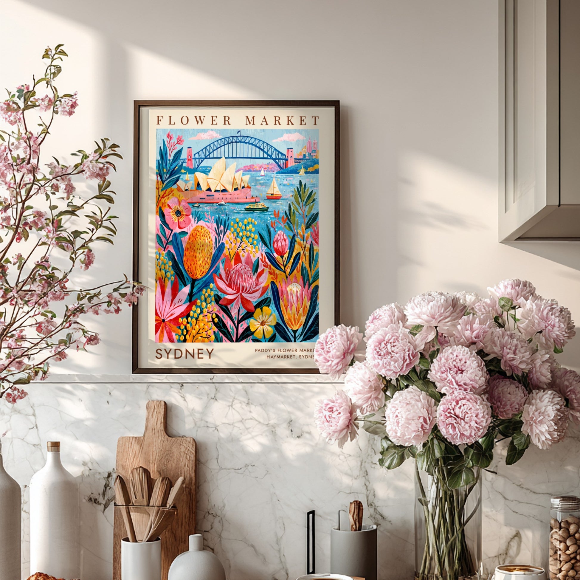 Flower market poster showcasing Sydney's blooms and landmarks in vibrant colors and whimsical style
