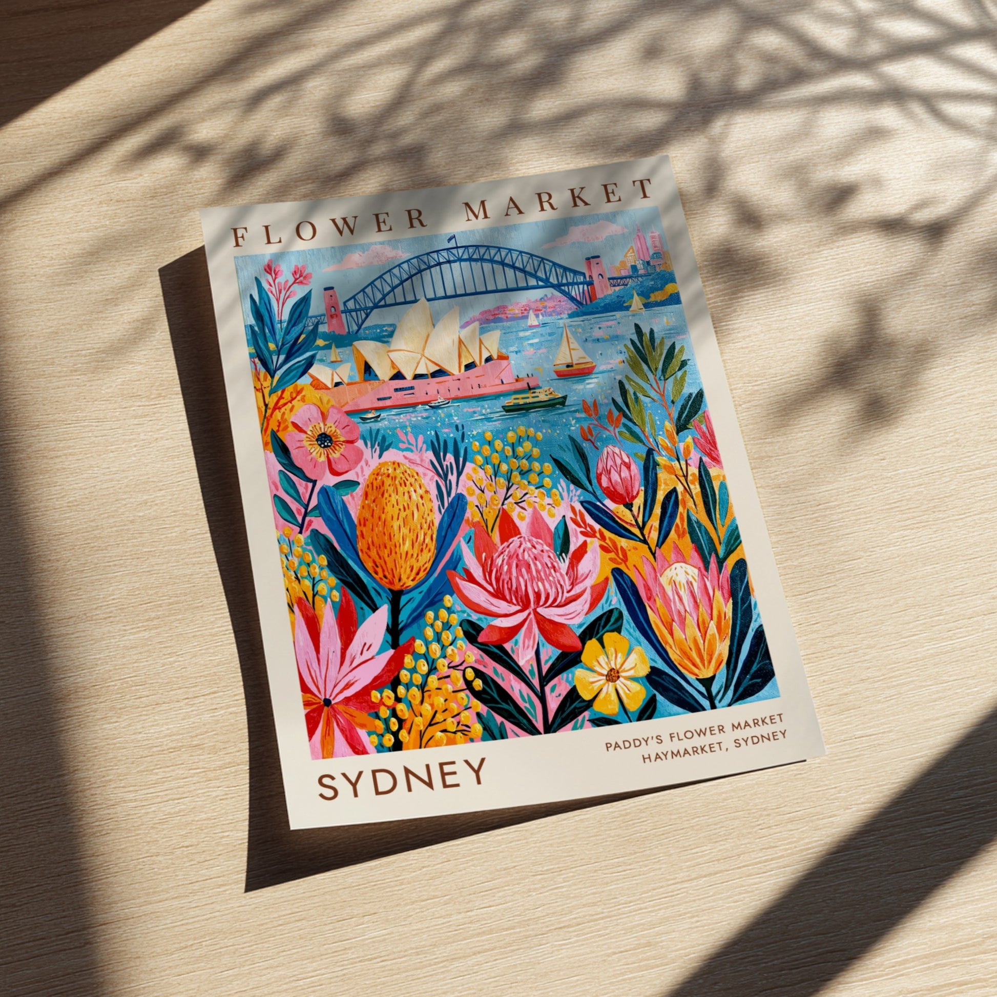 Flower market poster showcasing Sydney's blooms and landmarks in vibrant colors and whimsical style