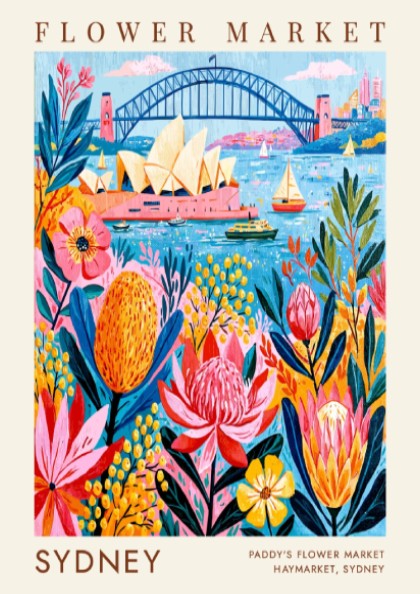 Flower market poster showcasing Sydney's blooms and landmarks in vibrant colors and whimsical style