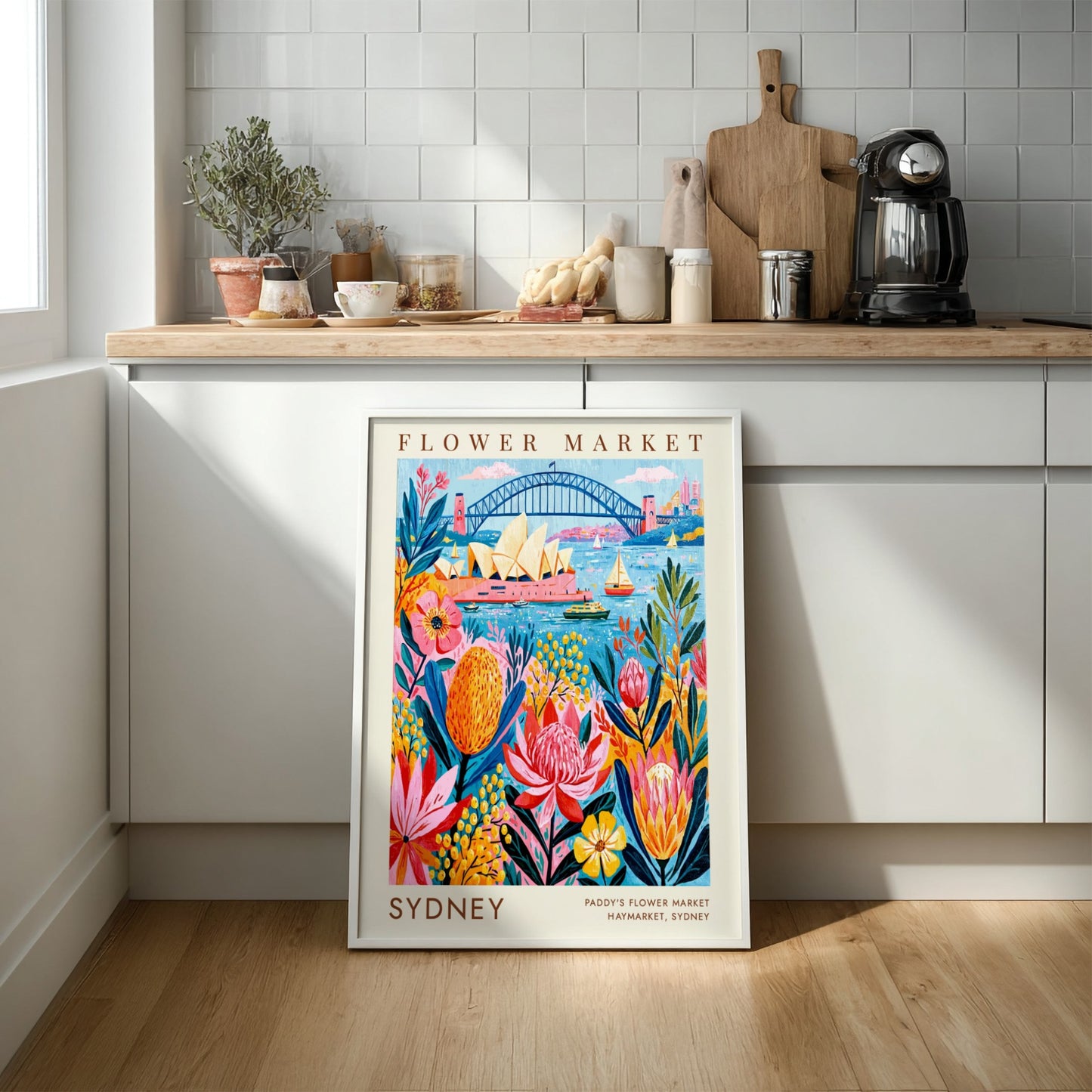 Flower market poster showcasing Sydney's blooms and landmarks in vibrant colors and whimsical style