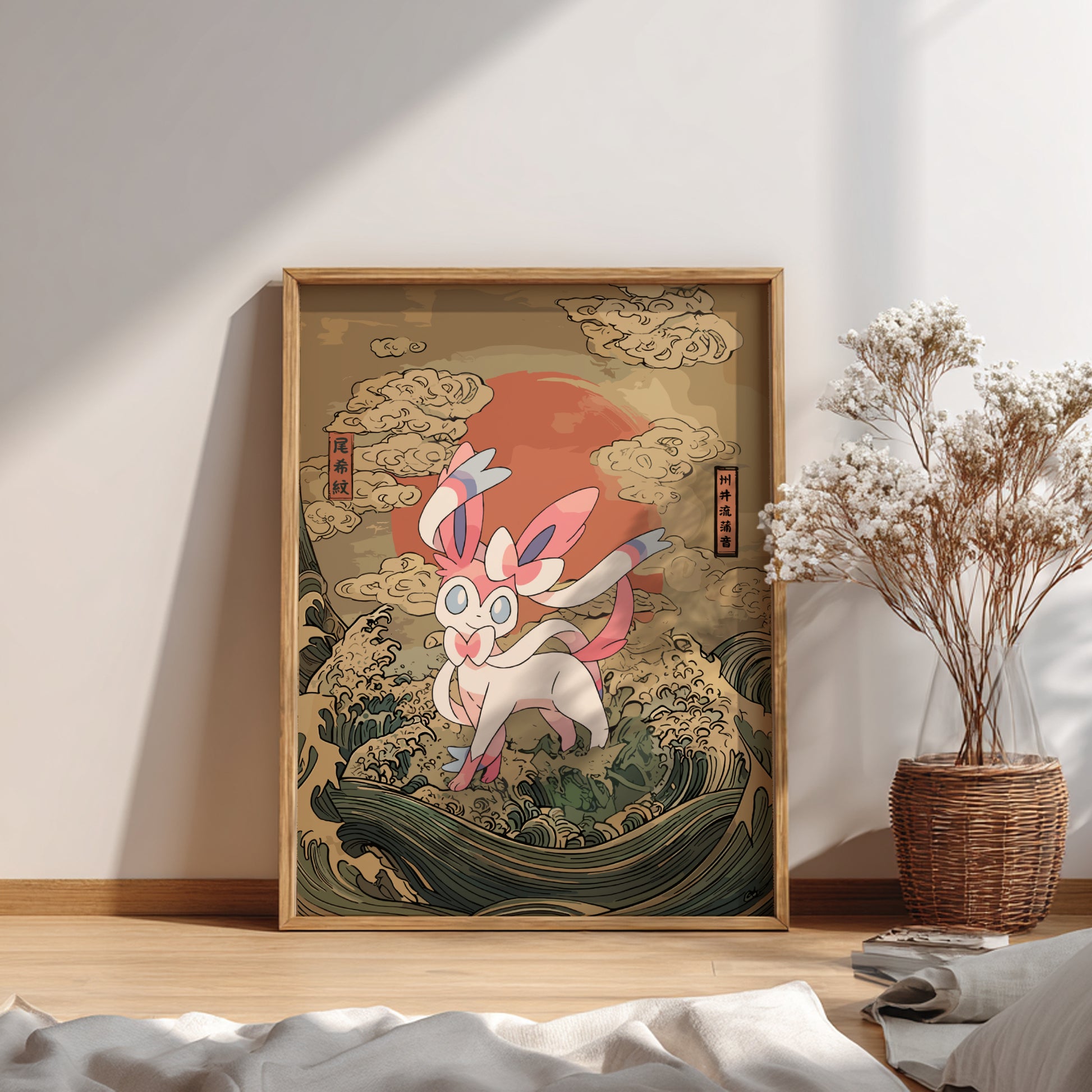 Framed artwork of a stylized Sylveon Pokemon character on a wall with a vase and decor items below.