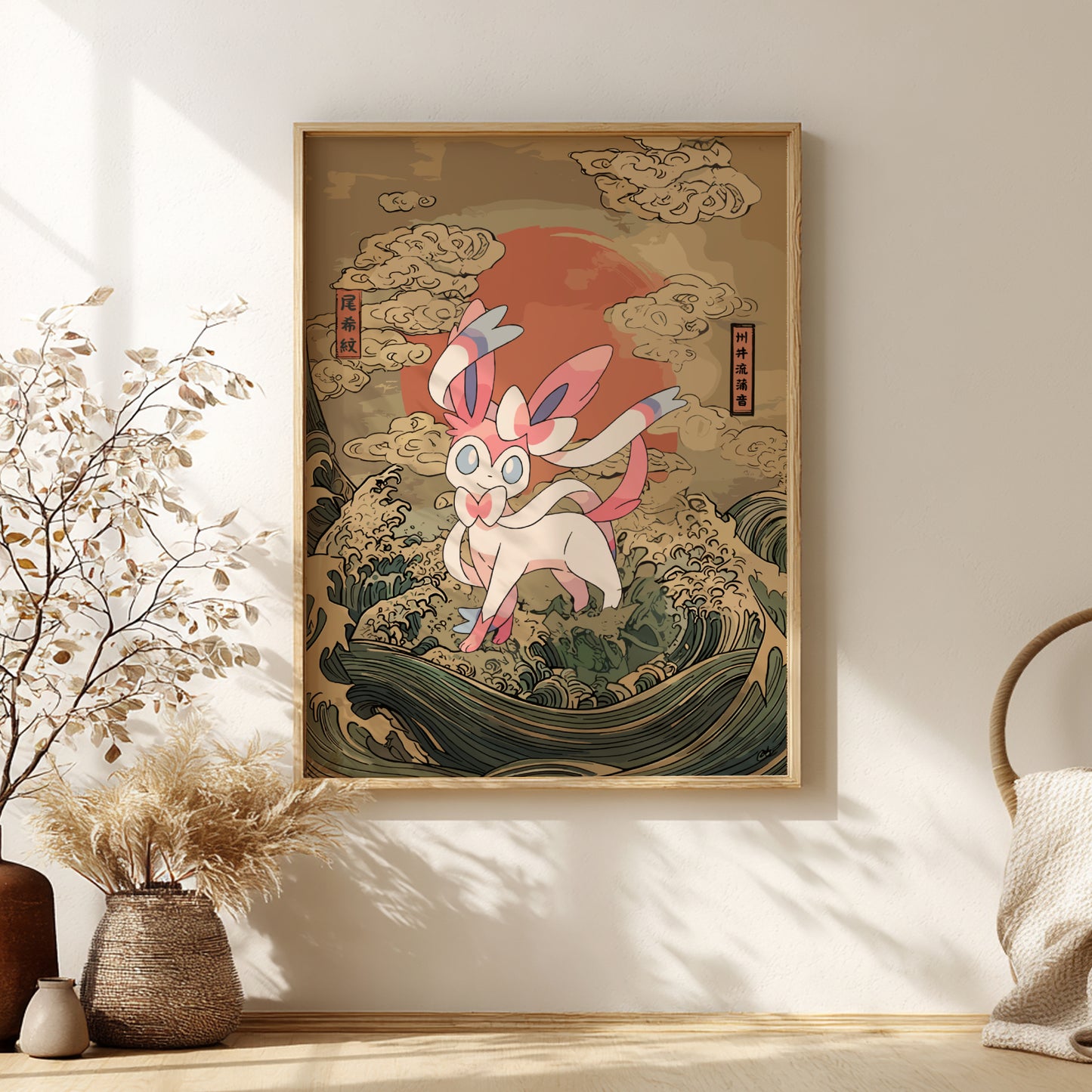 Framed artwork of a stylized Sylveon Pokemon on a wall with decorative elements.