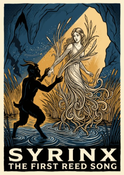 Poster featuring a dark goat-legged figure reaching for a woman turning into reeds.
