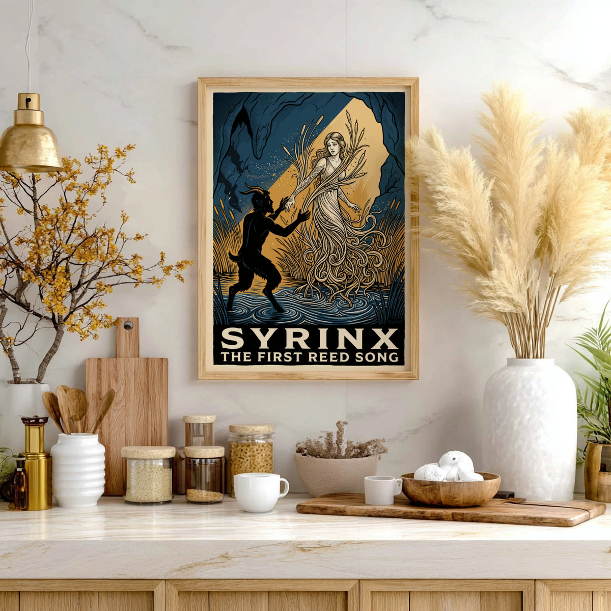 Poster featuring a dark goat-legged figure reaching for a woman turning into reeds.