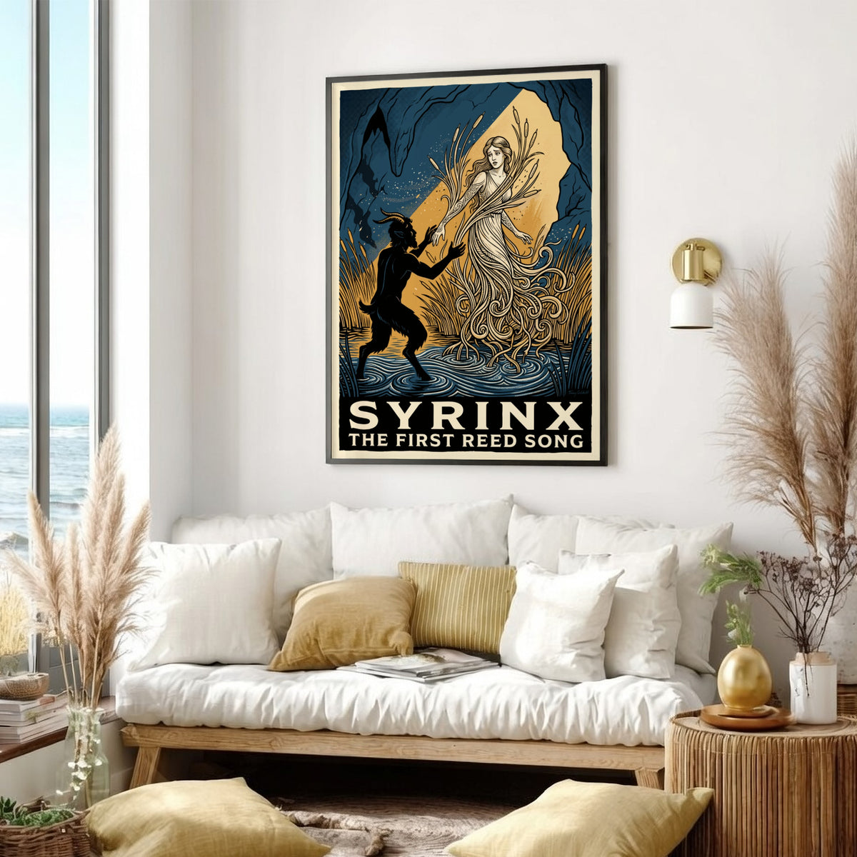 Poster featuring a dark goat-legged figure reaching for a woman turning into reeds.