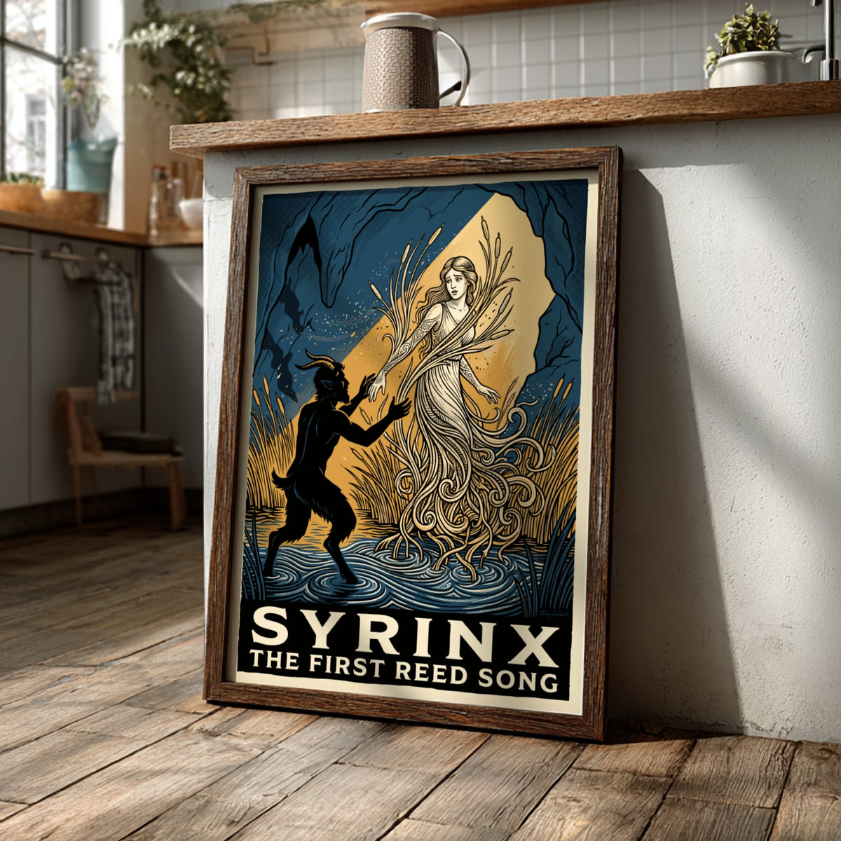 Poster featuring a dark goat-legged figure reaching for a woman turning into reeds.