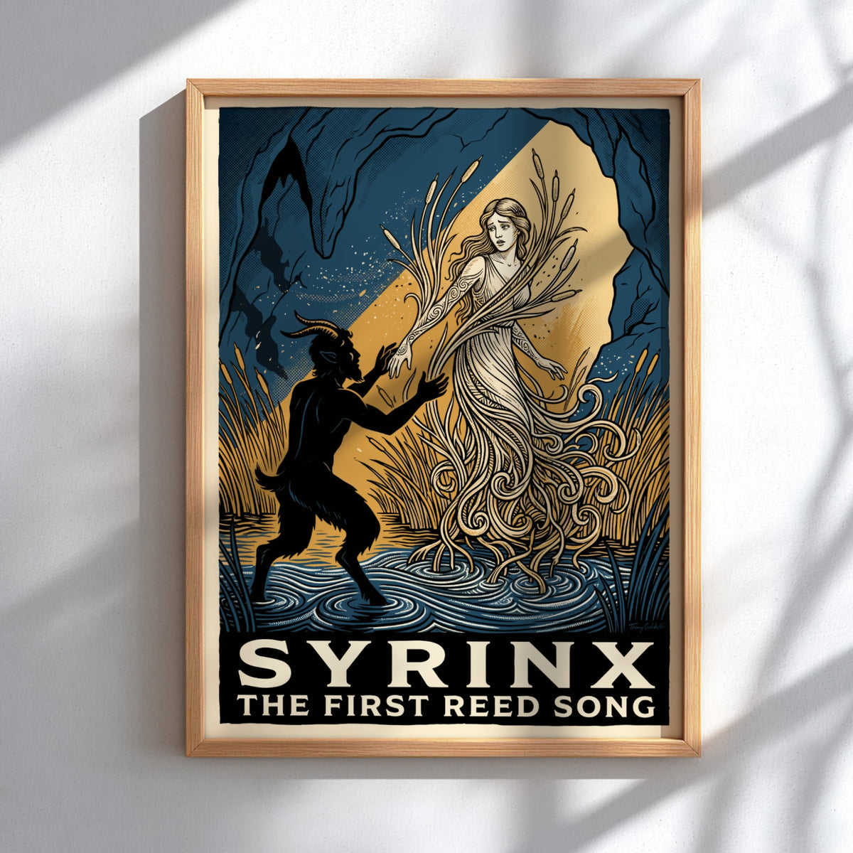 Poster featuring a dark goat-legged figure reaching for a woman turning into reeds.