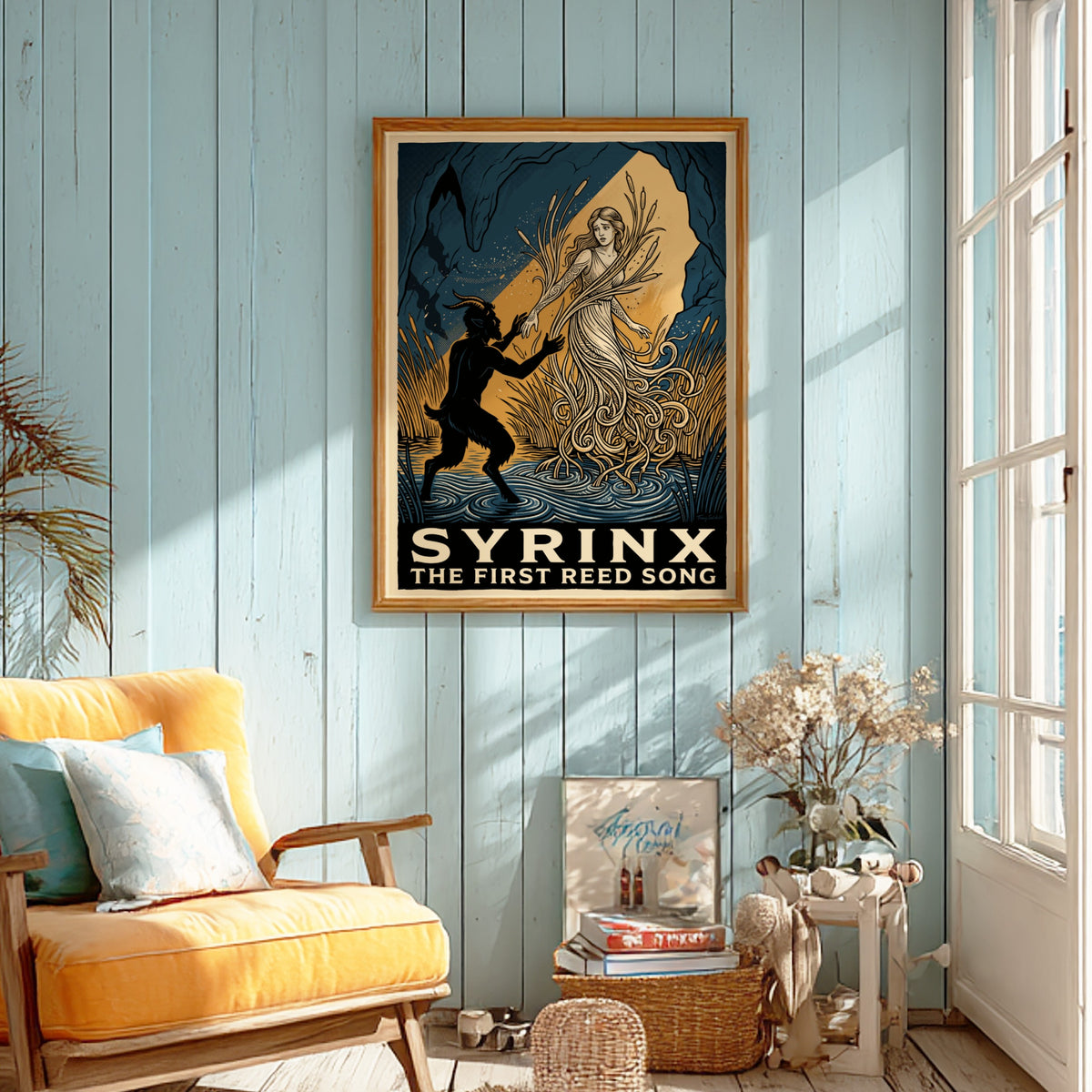 Poster featuring a dark goat-legged figure reaching for a woman turning into reeds.