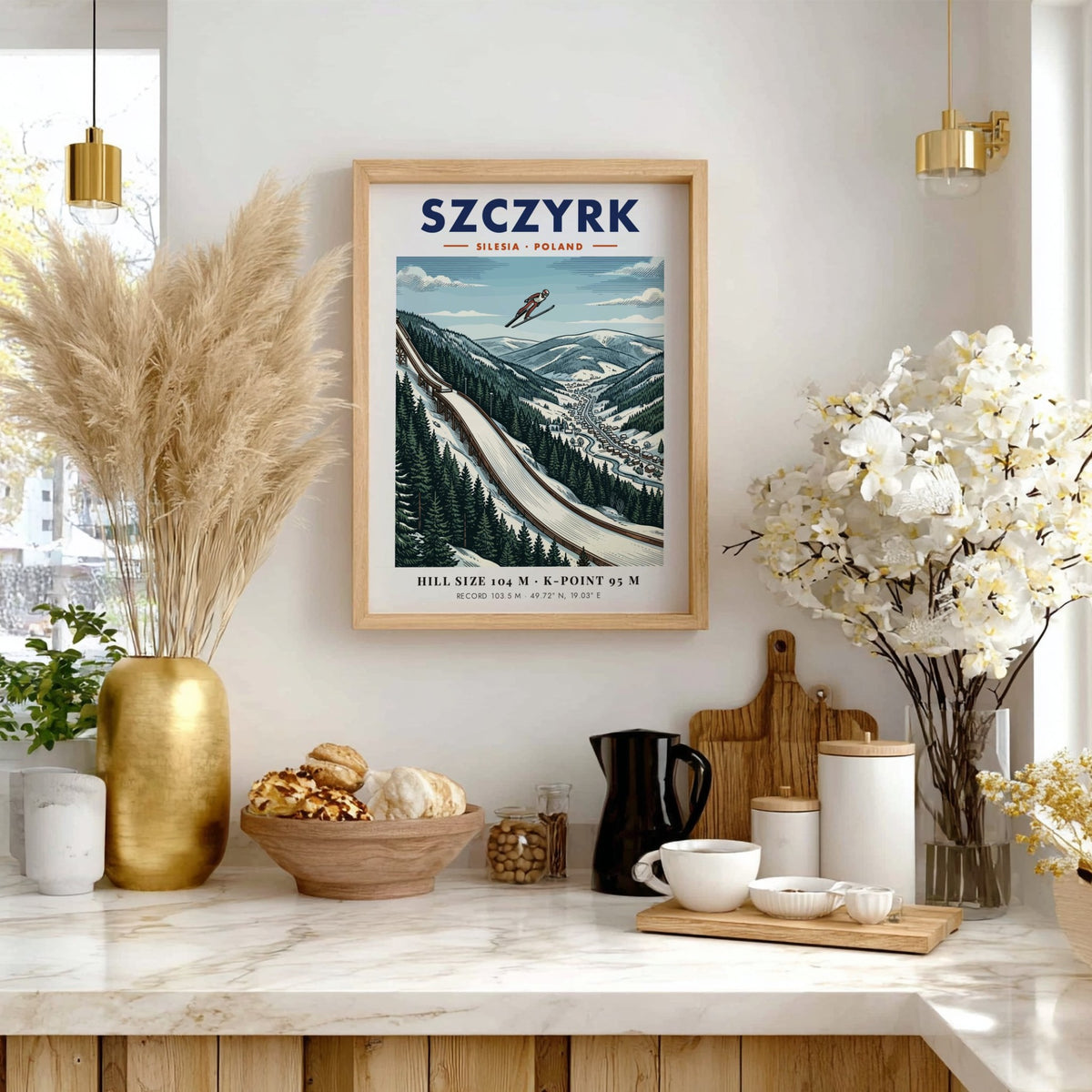 Poster of a ski jumper in mid-air above the snowy Szczyrk mountain range.