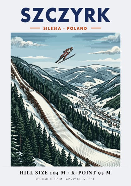 Poster of a ski jumper in mid-air above the snowy Szczyrk mountain range.