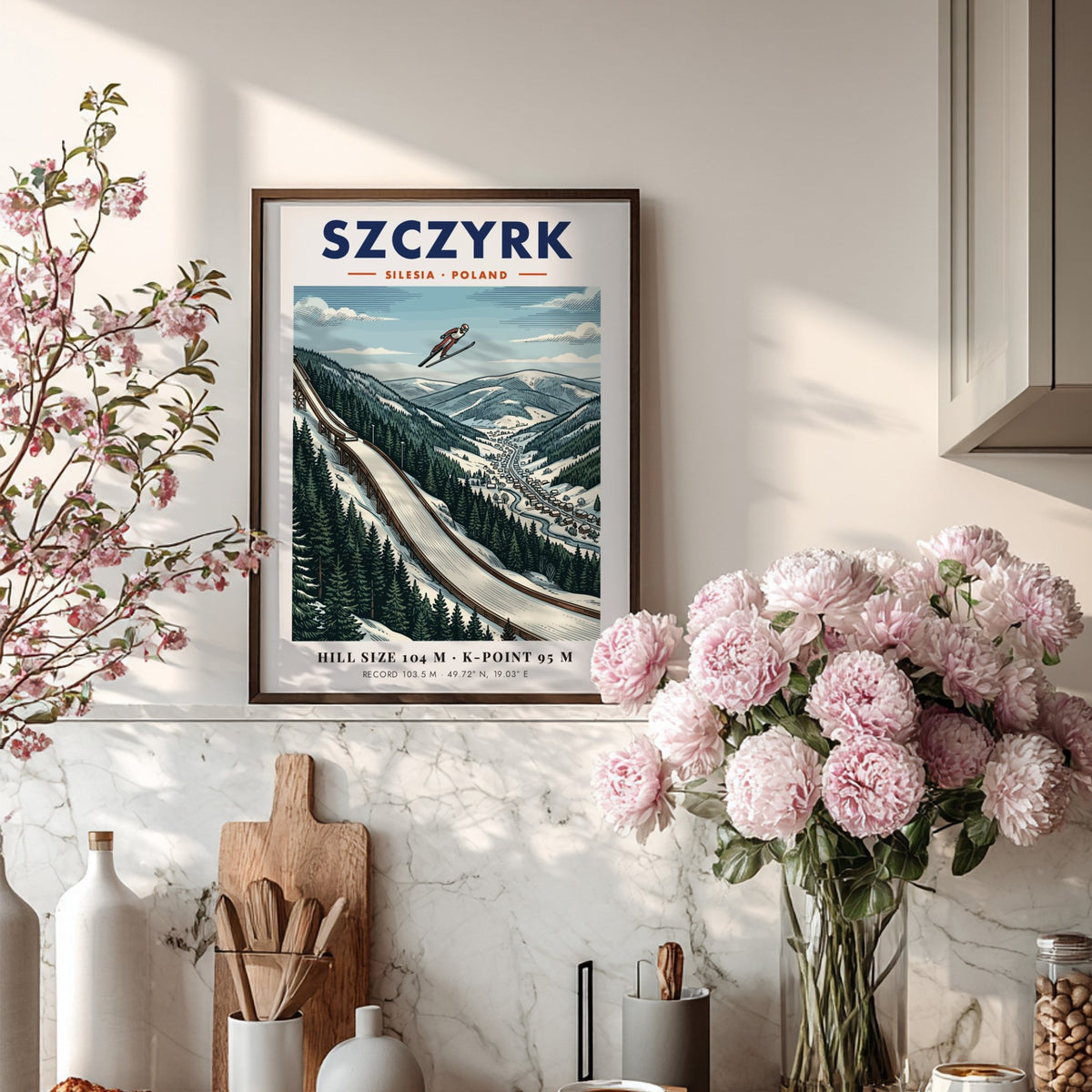 Poster of a ski jumper in mid-air above the snowy Szczyrk mountain range.