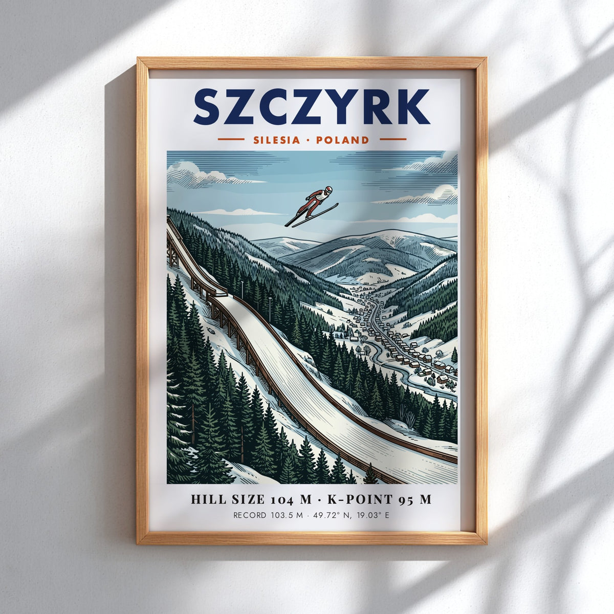 Poster of a ski jumper in mid-air above the snowy Szczyrk mountain range.