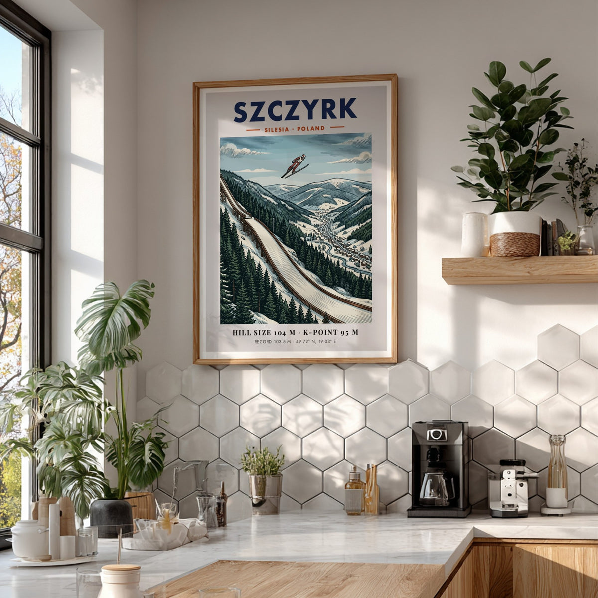 Poster of a ski jumper in mid-air above the snowy Szczyrk mountain range.