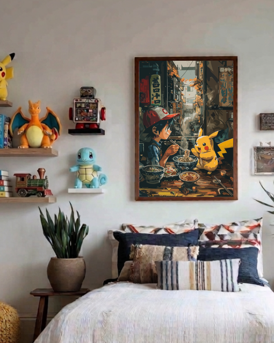 Room interior with a bed, shelves with toys, and a framed picture on the wall.