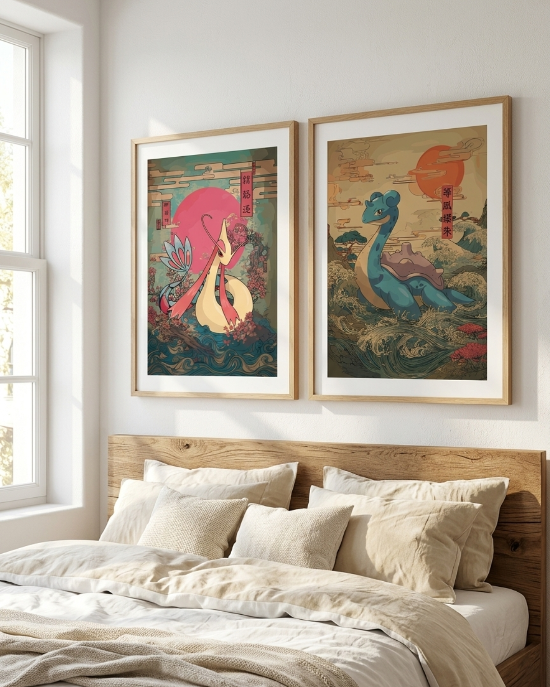 Two framed artworks above a bed in a bedroom with natural light.