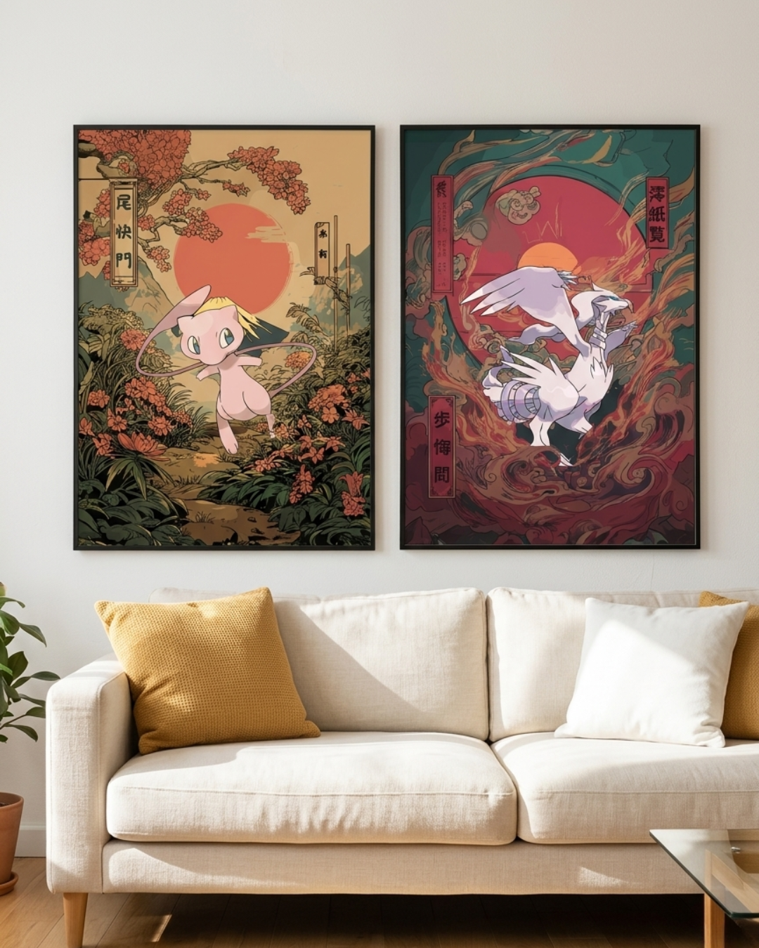 Two colorful artworks on a wall above a white sofa with decorative pillows.