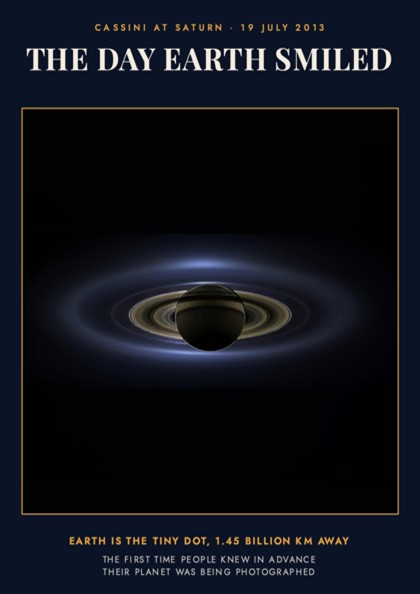 Poster displaying the planet Saturn and its rings against a dark deep space background.