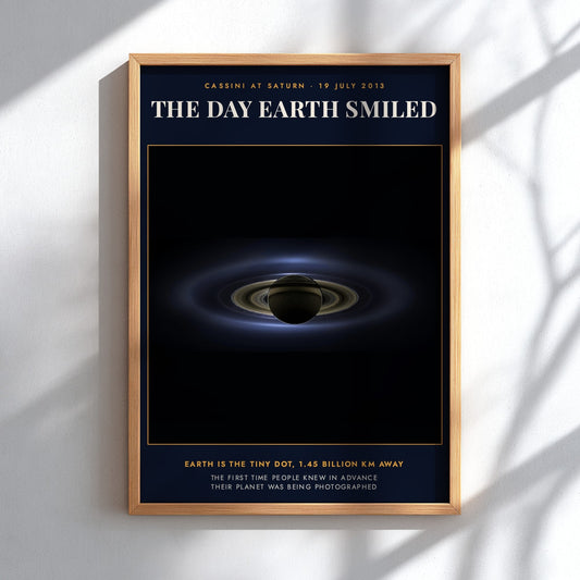 Poster displaying the planet Saturn and its rings against a dark deep space background.