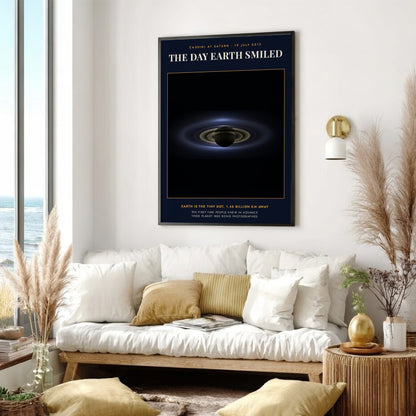 Poster displaying the planet Saturn and its rings against a dark deep space background.