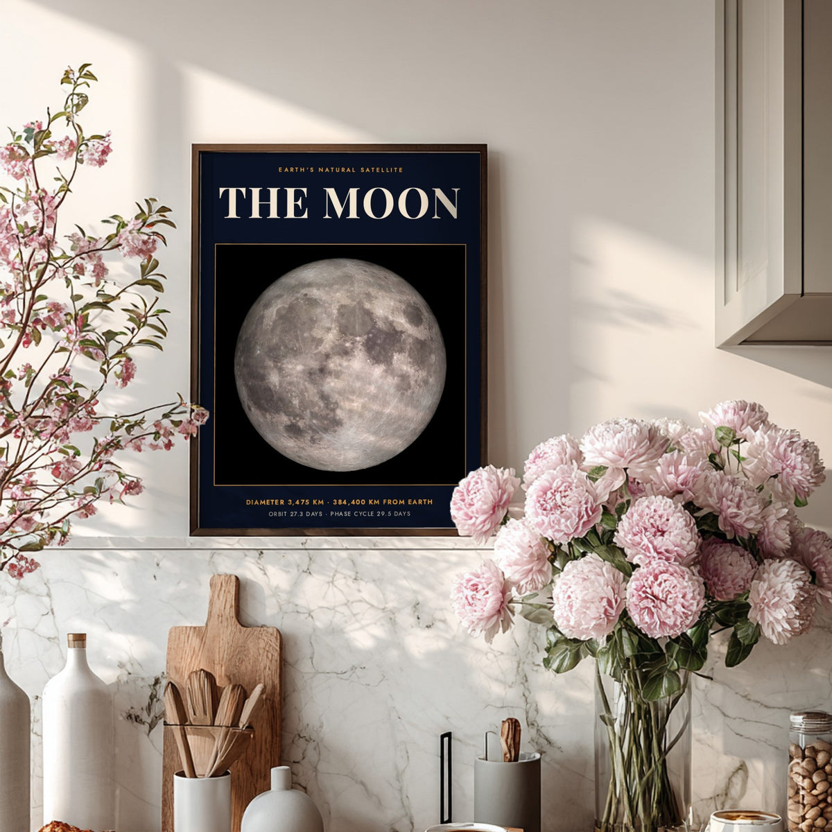 Poster of the Moon against a dark background with white scientific text and data.