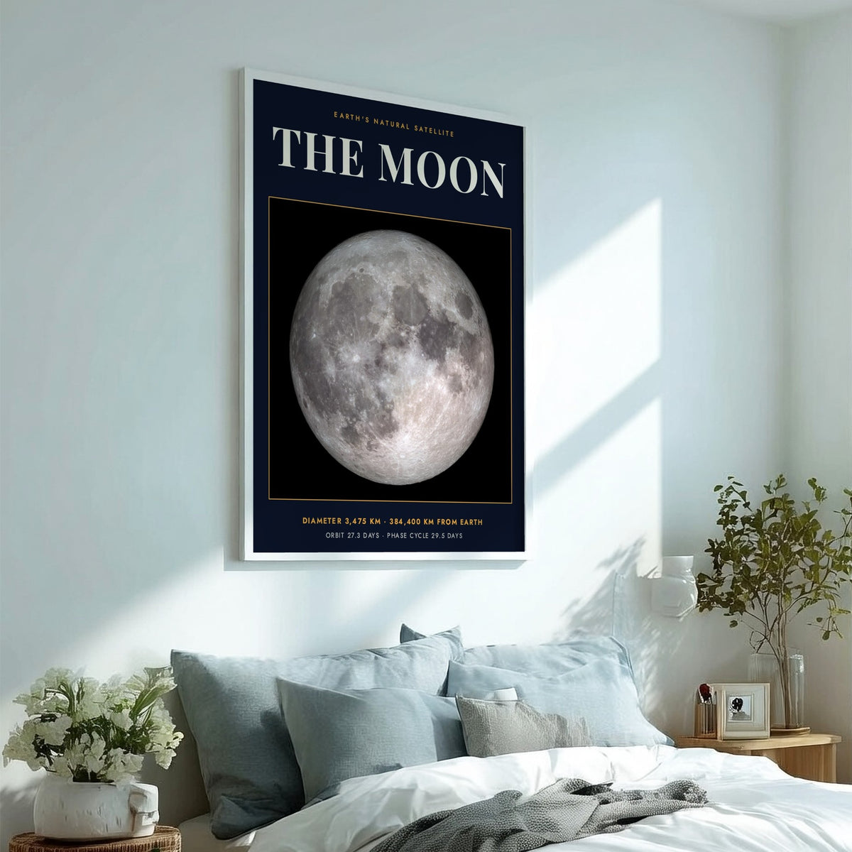 Poster of the Moon against a dark background with white scientific text and data.