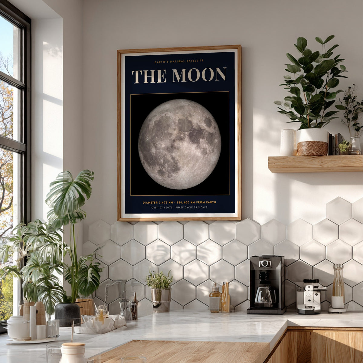 Poster of the Moon against a dark background with white scientific text and data.