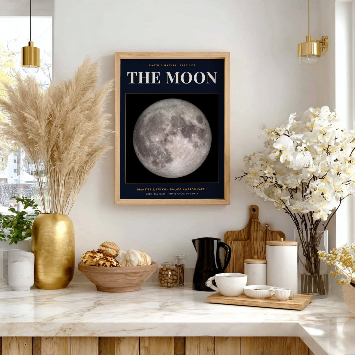 Poster of the Moon against a dark background with white scientific text and data.
