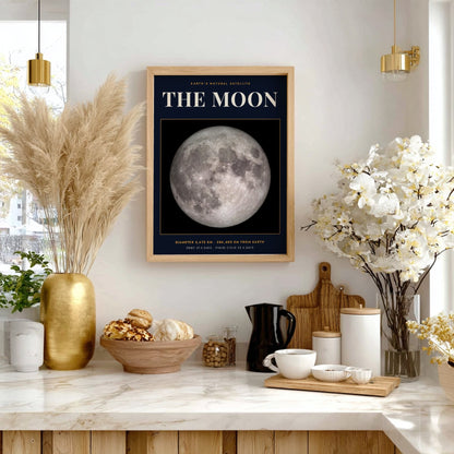 Poster of the Moon against a dark background with white scientific text and data.