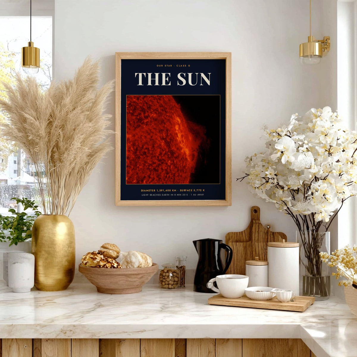 Poster of the Sun featuring fiery orange surface textures against a dark space background.
