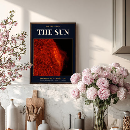Poster of the Sun featuring fiery orange surface textures against a dark space background.