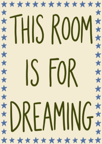 Kids room poster featuring whimsical typography and starry border in soft earthy tones.