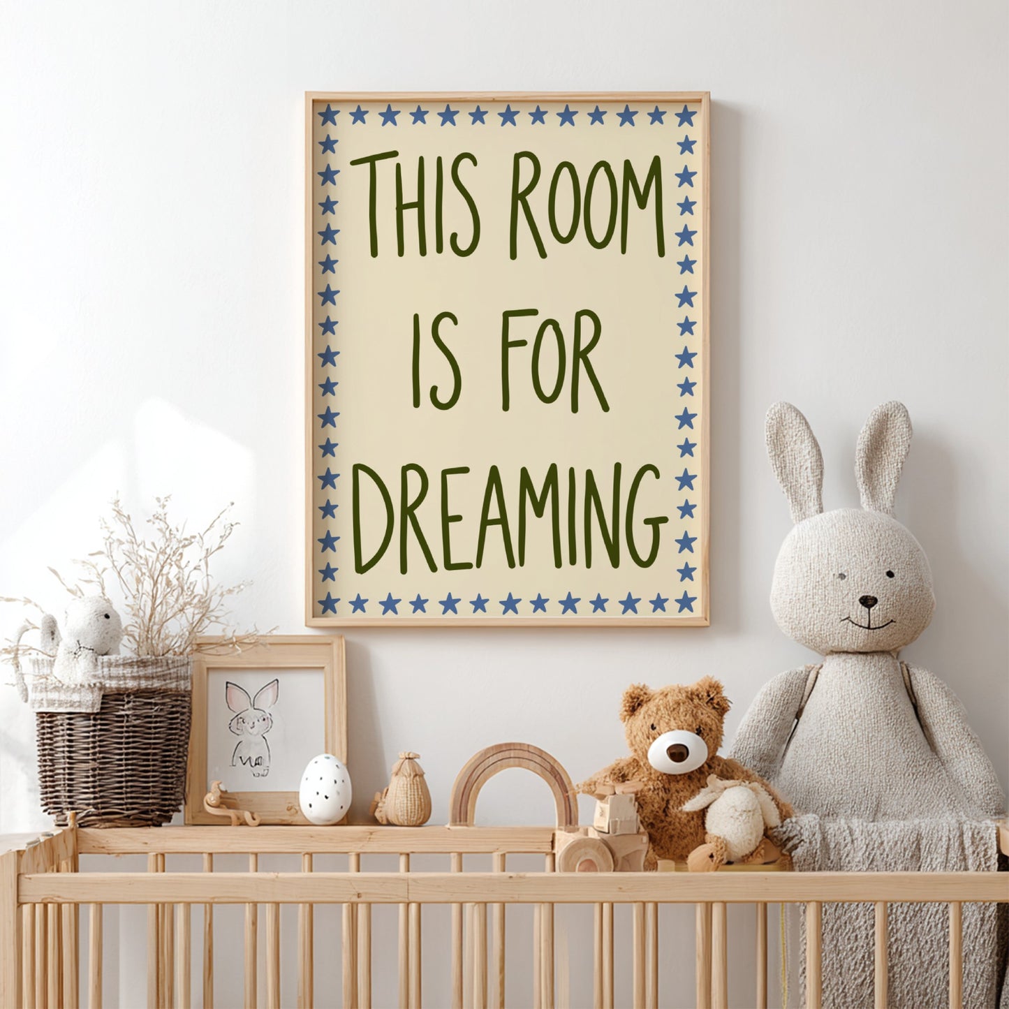 Kids room poster featuring whimsical typography and starry border in soft earthy tones.