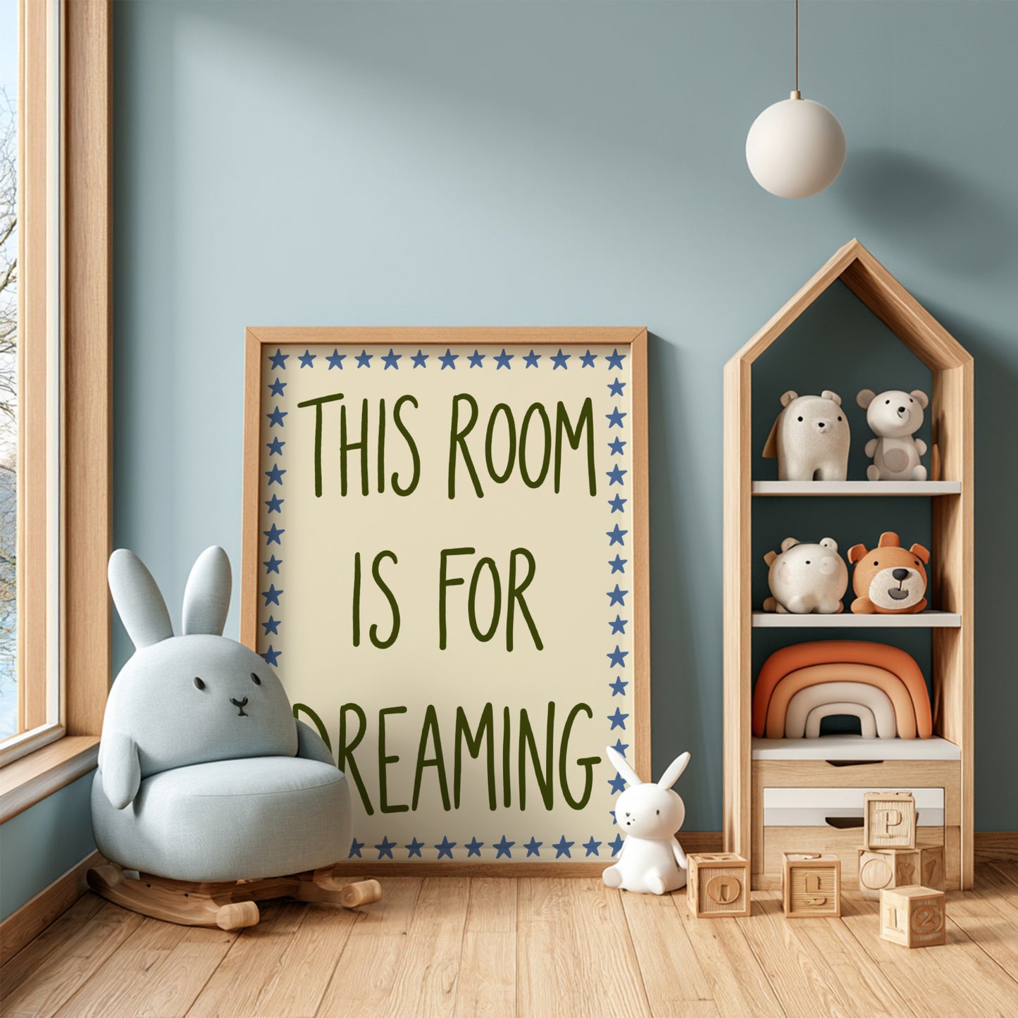 Kids room poster featuring whimsical typography and starry border in soft earthy tones.