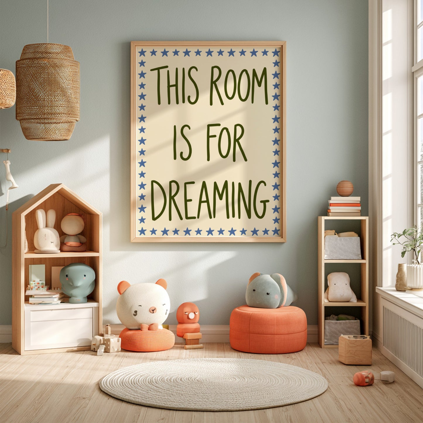 Kids room poster featuring whimsical typography and starry border in soft earthy tones.
