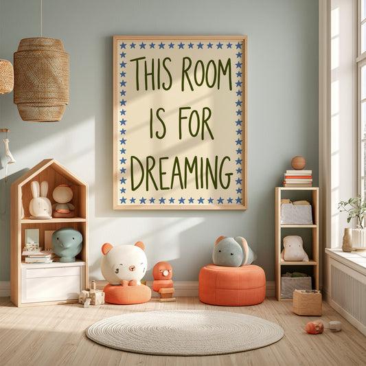 Kids room poster featuring whimsical typography and starry border in soft earthy tones.