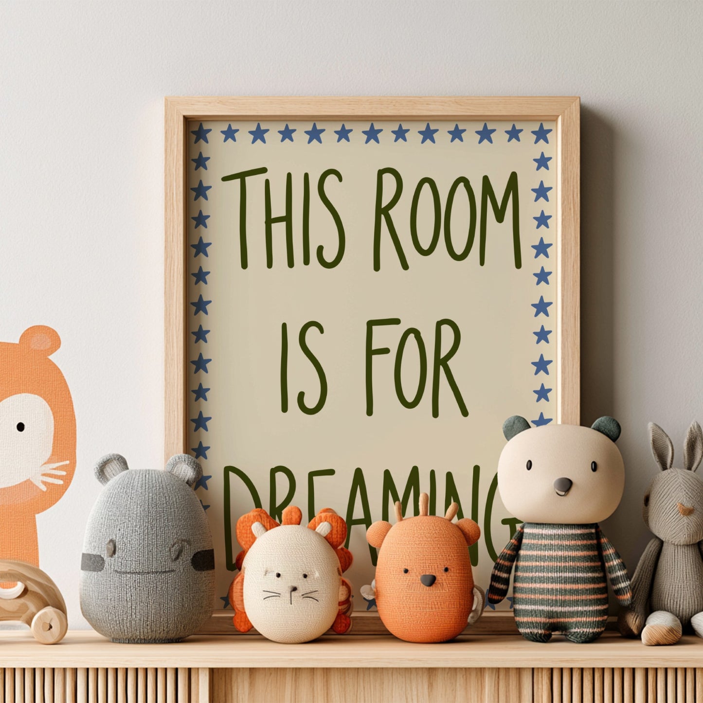 Kids room poster featuring whimsical typography and starry border in soft earthy tones.