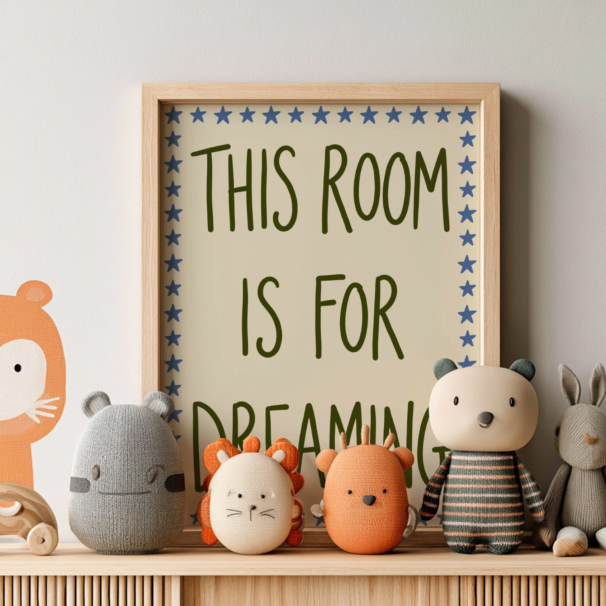 Kids room poster featuring whimsical typography and starry border in soft earthy tones.
