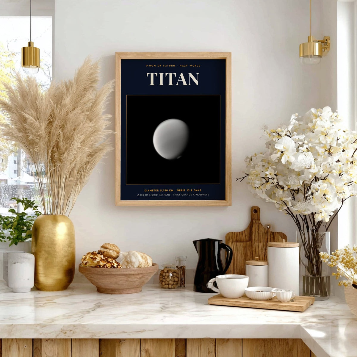Poster of Saturn moon Titan featuring technical text on a dark navy blue background.