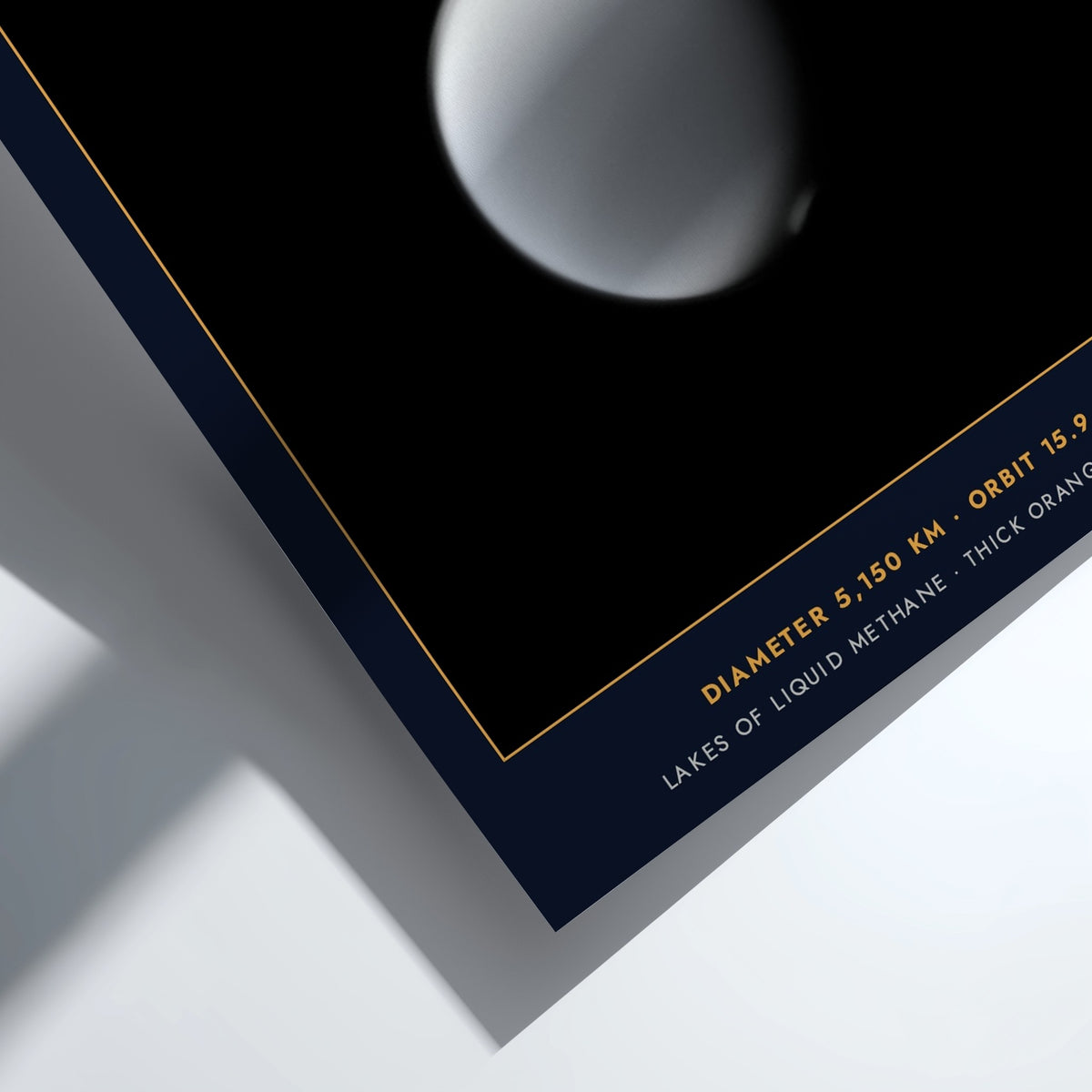 Poster of Saturn moon Titan featuring technical text on a dark navy blue background.
