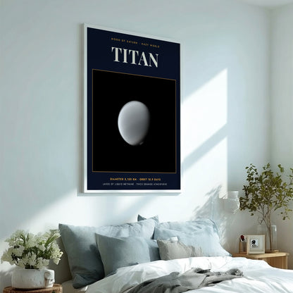Poster of Saturn moon Titan featuring technical text on a dark navy blue background.