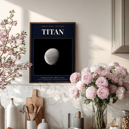 Poster of Saturn moon Titan featuring technical text on a dark navy blue background.