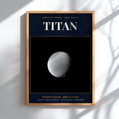 Poster of Saturn moon Titan featuring technical text on a dark navy blue background.
