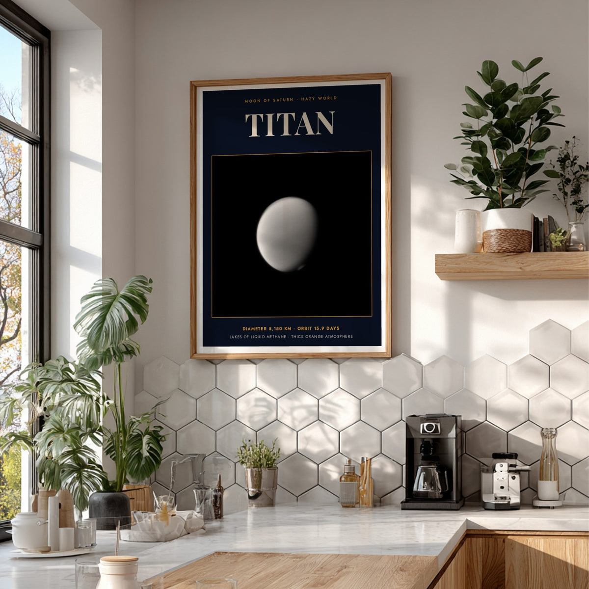 Poster of Saturn moon Titan featuring technical text on a dark navy blue background.
