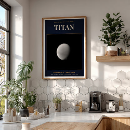 Poster of Saturn moon Titan featuring technical text on a dark navy blue background.