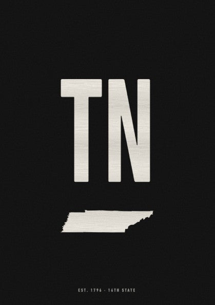 Tennessee poster featuring minimalist design with black background and white lettering, ideal for home decor.