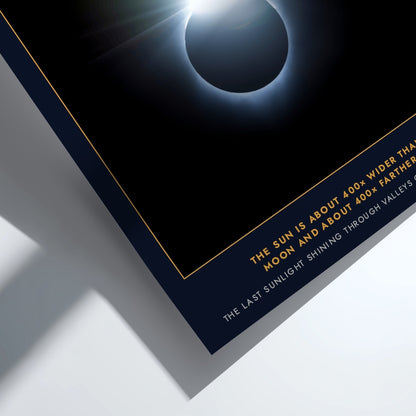 Poster featuring a solar total eclipse with diamond ring effect and informative text